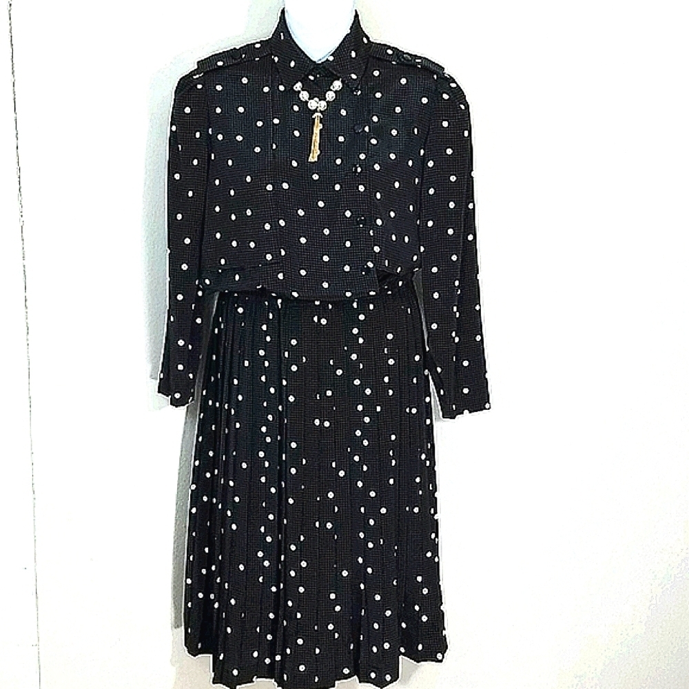 Dress long sleeve houndstooth polka dot maxi Size 10 black brown white print - Picture 2 of 13